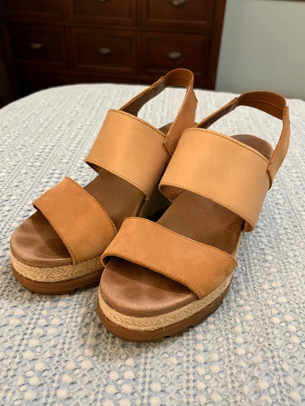 Sorel Joanie II Slingback Wedge Sandals Tan Leather Jute Platform Suede Size 8.5